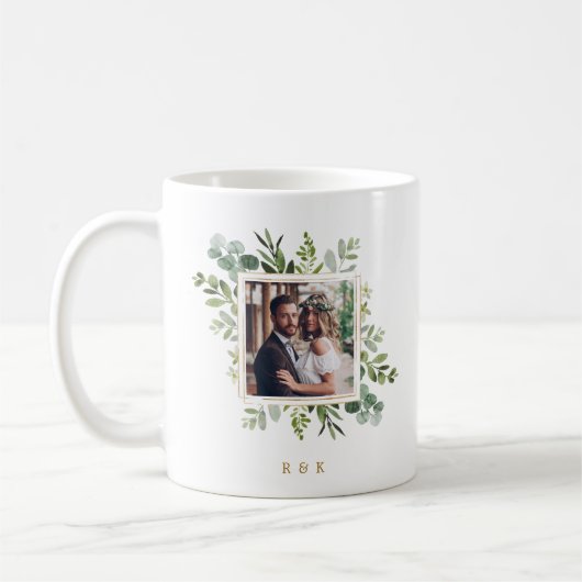 Botanical Gold Green Wreath Weddenschap 2 Foto Koffiemok (Links)