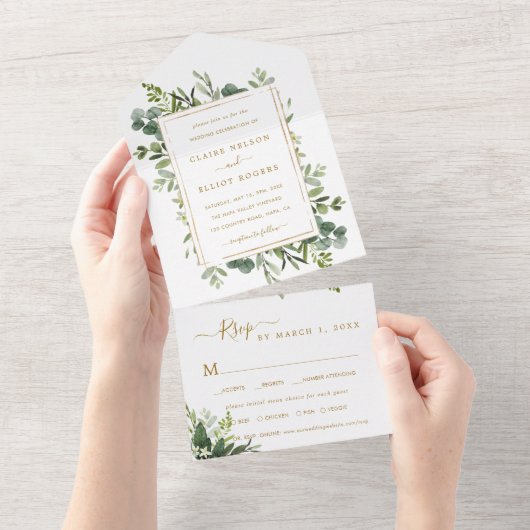 Botanical Gold Greenery Wedding All In One Uitnodiging (Afscheurbaar)