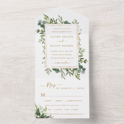 Botanical Gold Greenery Wedding All In One Uitnodiging (Binnen)