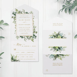 Botanical Gold Greenery Wedding All In One Uitnodiging