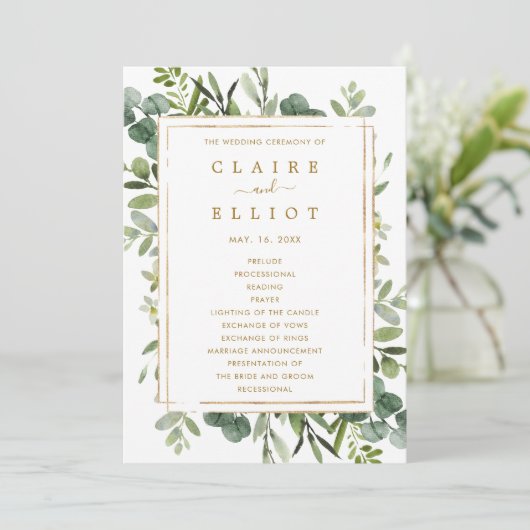 Botanical Gold Greenery Wedding Ceremony Program Programmakaart (Staand voorkant)