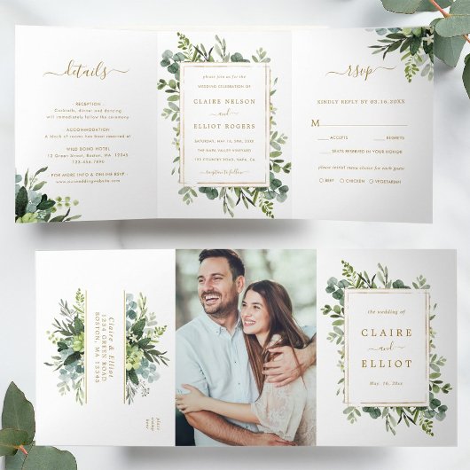 Botanical Gold Greenery Wedding Foto Drieluik Uitnodiging