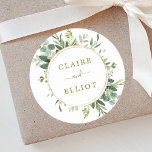 Botanical Gold Greenery Wedding Ronde Sticker<br><div class="desc">Deze bruiloft sticker is voorzien van geschilderde waterverf eucalyptusgroen,  groene bladeren en een gouden ronde lijst. Voor meer geavanceerde aanpassing van dit ontwerp,  te klikken gelieve de "meer"verbinding aanpassen. Overeenkomende objecten zijn ook beschikbaar.</div>