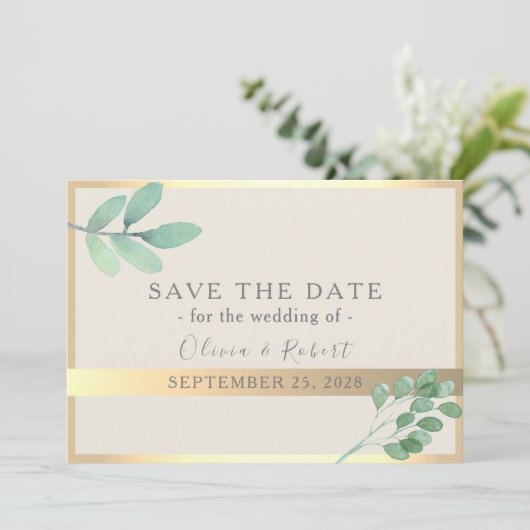 Botanical Gold Greenery Wedding Save Datum Save The Date (Staand voorkant)