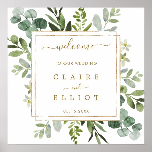 Botanical Gold Greenery Wedding Welcome Sign Poster (Voorkant)