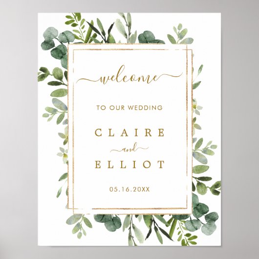 Botanical Gold Greenery Wedding Welcome Sign Poster (Voorkant)