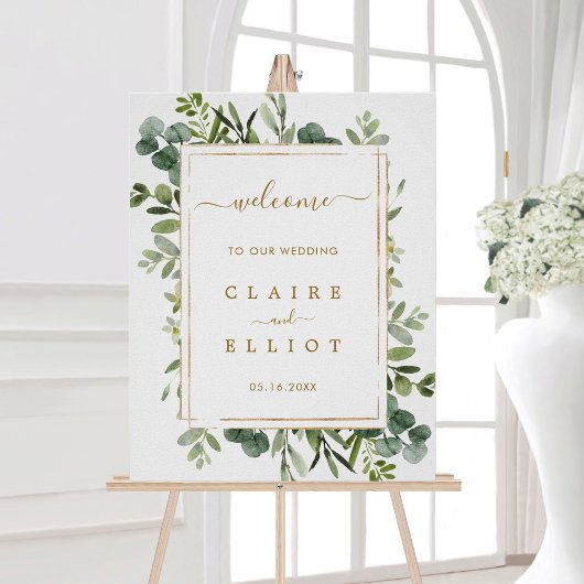 Botanical Gold Greenery Wedding Welcome Sign Poster