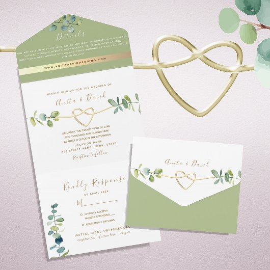 Botanical Gold Sage Green Wedding All In One Uitnodiging