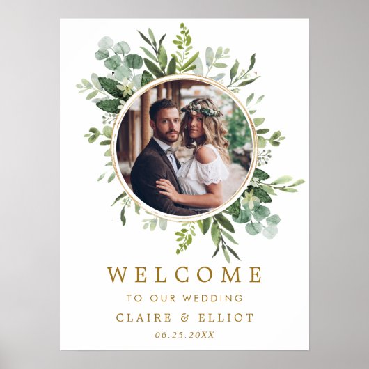 Botanical Goud Groene Krans Foto Bruiloft Welkom  Poster (Voorkant)