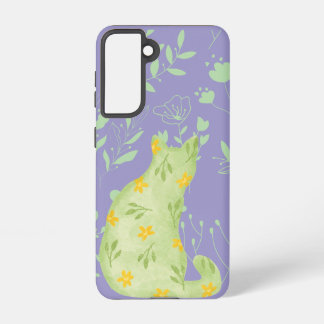 Botanical Green Cat Samsung Case – Purple Floral Galaxy Hoesje