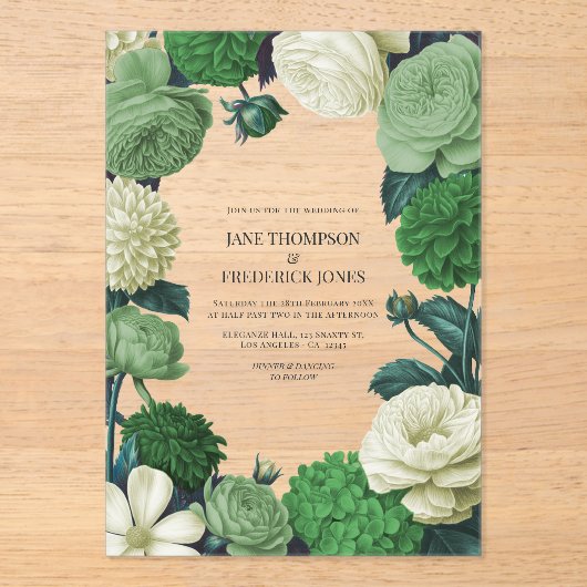 Botanical Green, Fern Shadow & Ivory Bud Wedding Acryl Uitnodigingen (Voorkant)