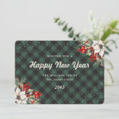 Botanical Green Plaid Snow New Year Card Feestdagenkaart (Staand voorkant)