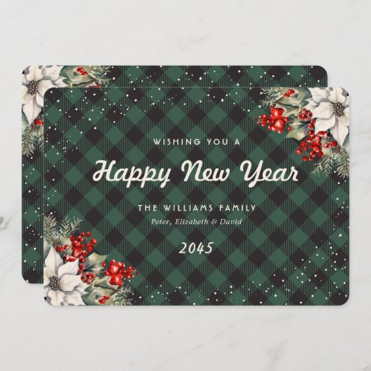 Botanical Green Plaid Snow New Year Card Feestdagenkaart (Voorkant / Achterkant)