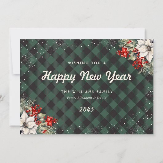Botanical Green Plaid Snowflake New Year Card Feestdagenkaart (Voorkant)