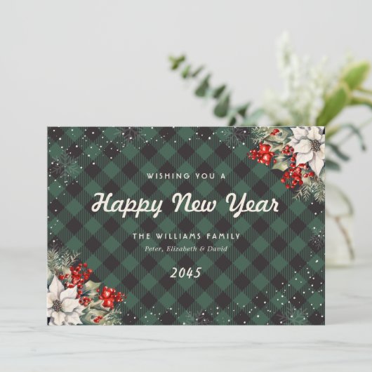 Botanical Green Plaid Snowflake New Year Card Feestdagenkaart (Staand voorkant)