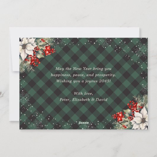 Botanical Green Plaid Snowflake New Year Card Feestdagenkaart (Achterkant)