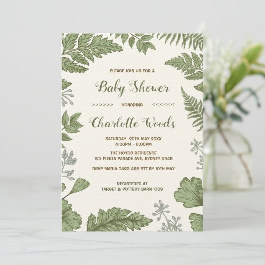 Botanical Greenery Baby shower Invitation Forest Kaart (Staand voorkant)