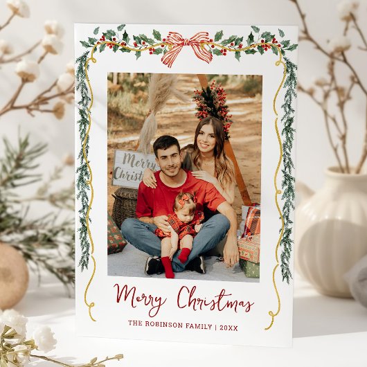 Botanical Greenery & Bow Merry Christmas 1 Photo Feestdagenkaart