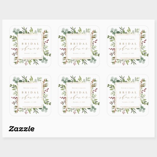 Botanical Greenery Christmas Bridal Shower Vierkante Sticker (Vel)