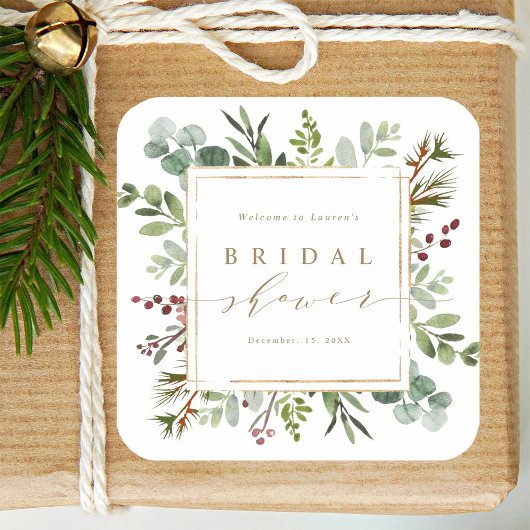 Botanical Greenery Christmas Bridal Shower Vierkante Sticker