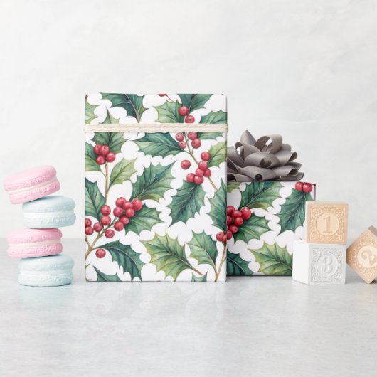 Botanical Greenery Holly and Cherries Holiday  Cadeaupapier (Baby Shower)