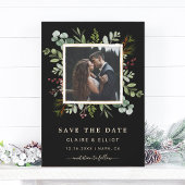 Botanical Greenery kerstbruiloft foto Black Save The Date