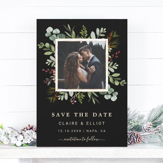 Botanical Greenery kerstbruiloft foto Black Save The Date