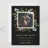 Botanical Greenery kerstbruiloft foto Black Save The Date (Voorkant)