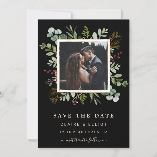 Botanical Greenery kerstbruiloft foto Black Save The Date (Voorkant)