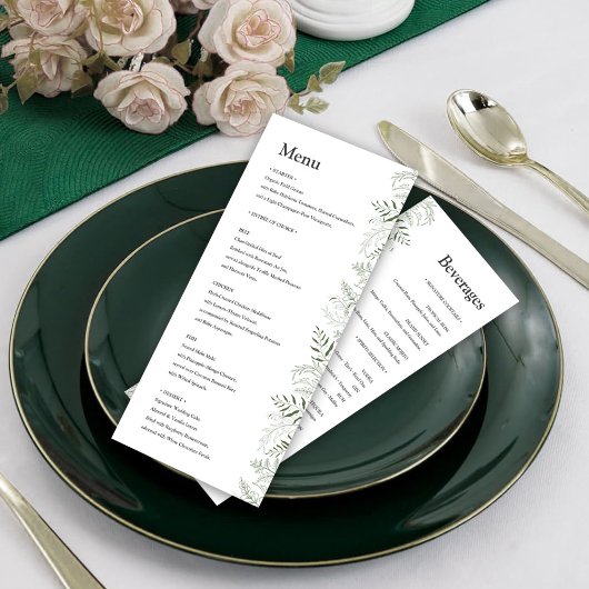 Botanical Greenery Wedding Menu with Beverages