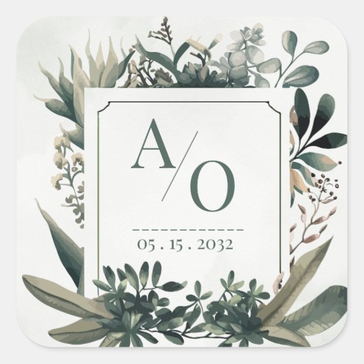 Botanical Greenery Wedding Monogram  Vierkante Sticker (Voorkant)