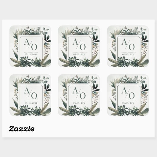 Botanical Greenery Wedding Monogram  Vierkante Sticker (Vel)