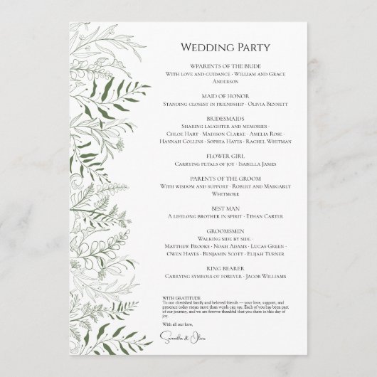 Botanical Greenery Wedding Program Card Programmakaart (Achterkant)