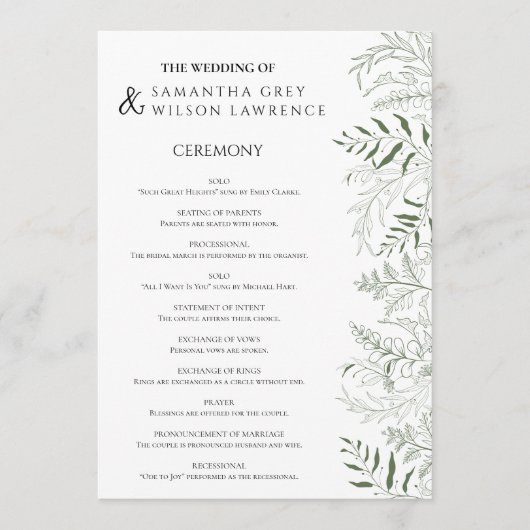 Botanical Greenery Wedding Program Card Programmakaart (Voorkant)