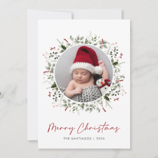 Botanical Greenery Wreath Kerstfoto Feestdagenkaart (Voorkant)