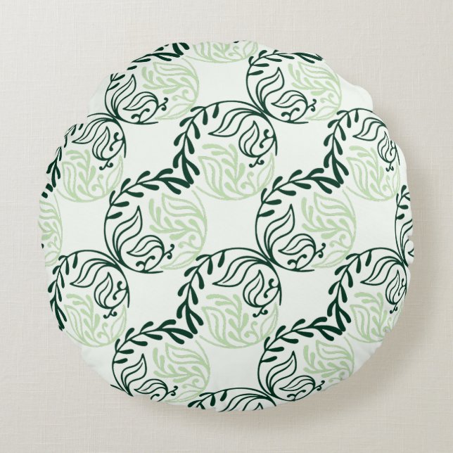 Botanical Harmony in Emerald Round Pillow Rond Kussen (Voorkant)