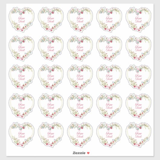 Botanical Heart in Pink and Red Shades Custom Text Sticker (Vel)