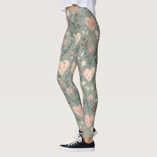 Botanical Hearts Romantic Floral Seamless Pattern  Leggings (Links)