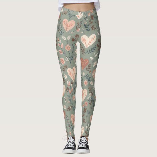 Botanical Hearts Romantic Floral Seamless Pattern  Leggings (Voorkant)