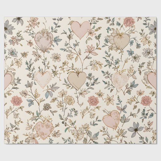 Botanical Hearts Romantic Floral Valentine Pattern Cadeaupapier (Vlak)