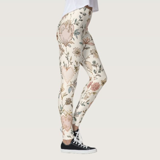 Botanical Hearts Romantic Floral Valentine Pattern Leggings (Rechts)