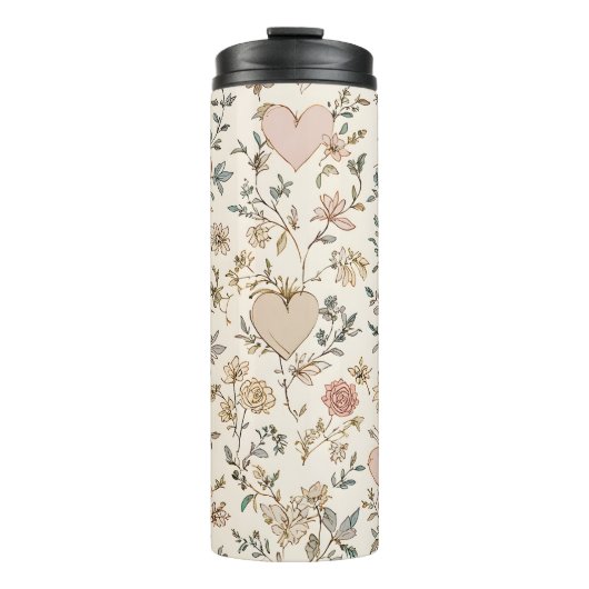 Botanical Hearts Romantic Floral Valentine Pattern Thermosbeker (Voorkant)
