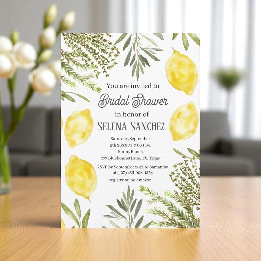 Botanical Herbs Lemons Watercolor Bridal Shower  Kaart