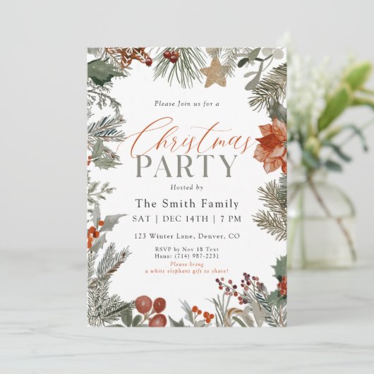 Botanical Holiday Watercolor Christmas Party Kaart (Staand voorkant)