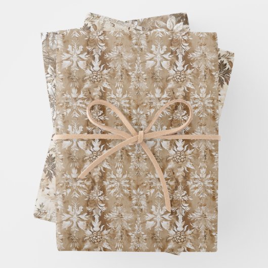 Botanical Illustrations and Beige and White Damask Inpakpapier Vel (In situ)