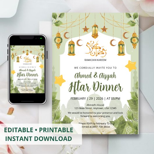 Botanical Islamic Iftar Invitation with Quran Kaart