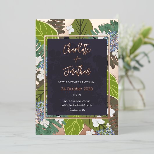 Botanical Leaf and Hydrangea Petals Save The Date Folie Uitnodiging (Staand Voorkant)