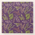 Botanical Leaves: A Stunning Purple Back Glazen Onderzetter<br><div class="desc">Seamless pattern of various green and brown botanical leaves on a deep purple background. The design is intricate and vibrant,  conveying a lively tone.</div>
