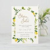 Botanical Lemon Citrus Wreath Greenery Wedding Kaart (Staand voorkant)