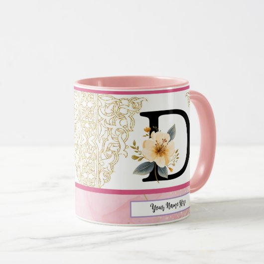 Botanical Letter D Mug – Soft Floral Initial with Mok (Voorkant rechts)